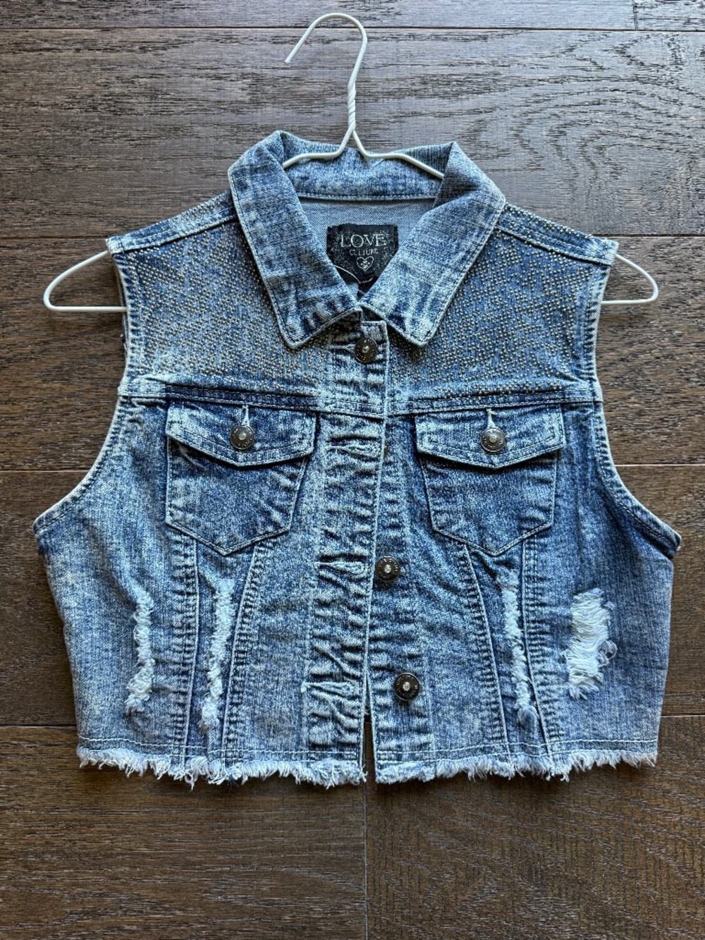 Love Culture Studded Distressed Cropped Denim Vest Size S NWT